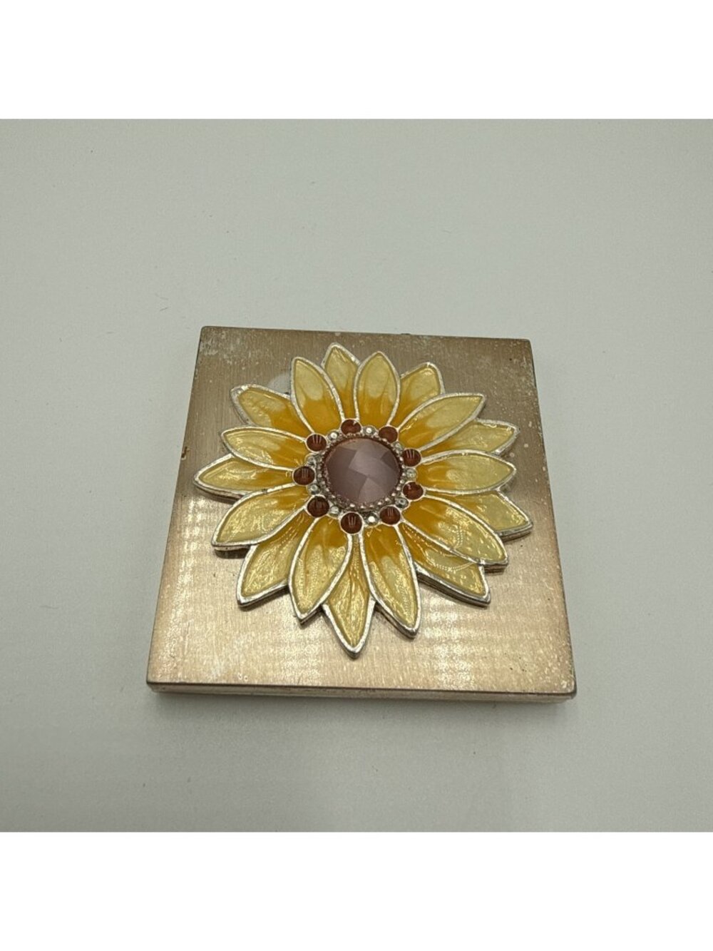 Vintage Double Mirror Compact Sunflower Enamel Crystal Silver tone square